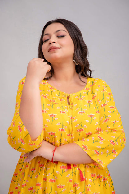 Plus Size Yellow Rayon Gown Sleeve and Floral Print Detail for Fat Women