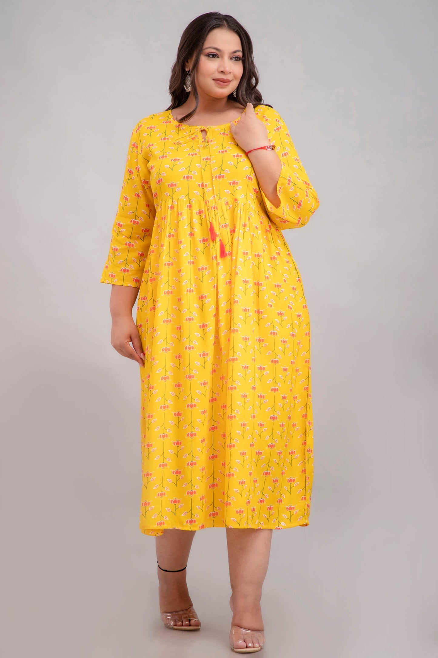 Curvy Model Wearing Yellow Rayon Gathered Gown 3XL–10XL, Fat Friendly Everyday Style