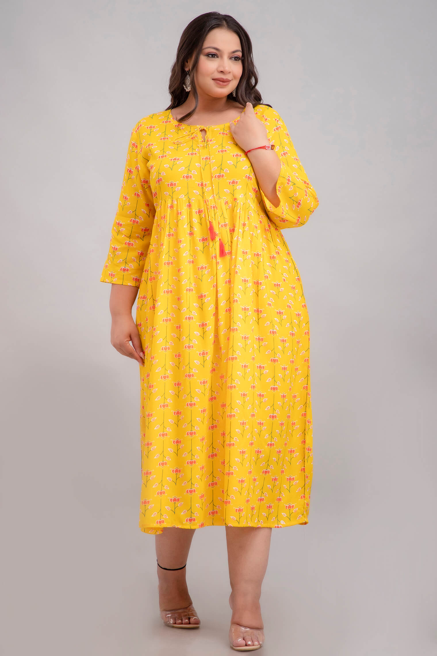 Curvy Model Wearing Yellow Rayon Gathered Gown 3XL–10XL, Fat Friendly Everyday Style