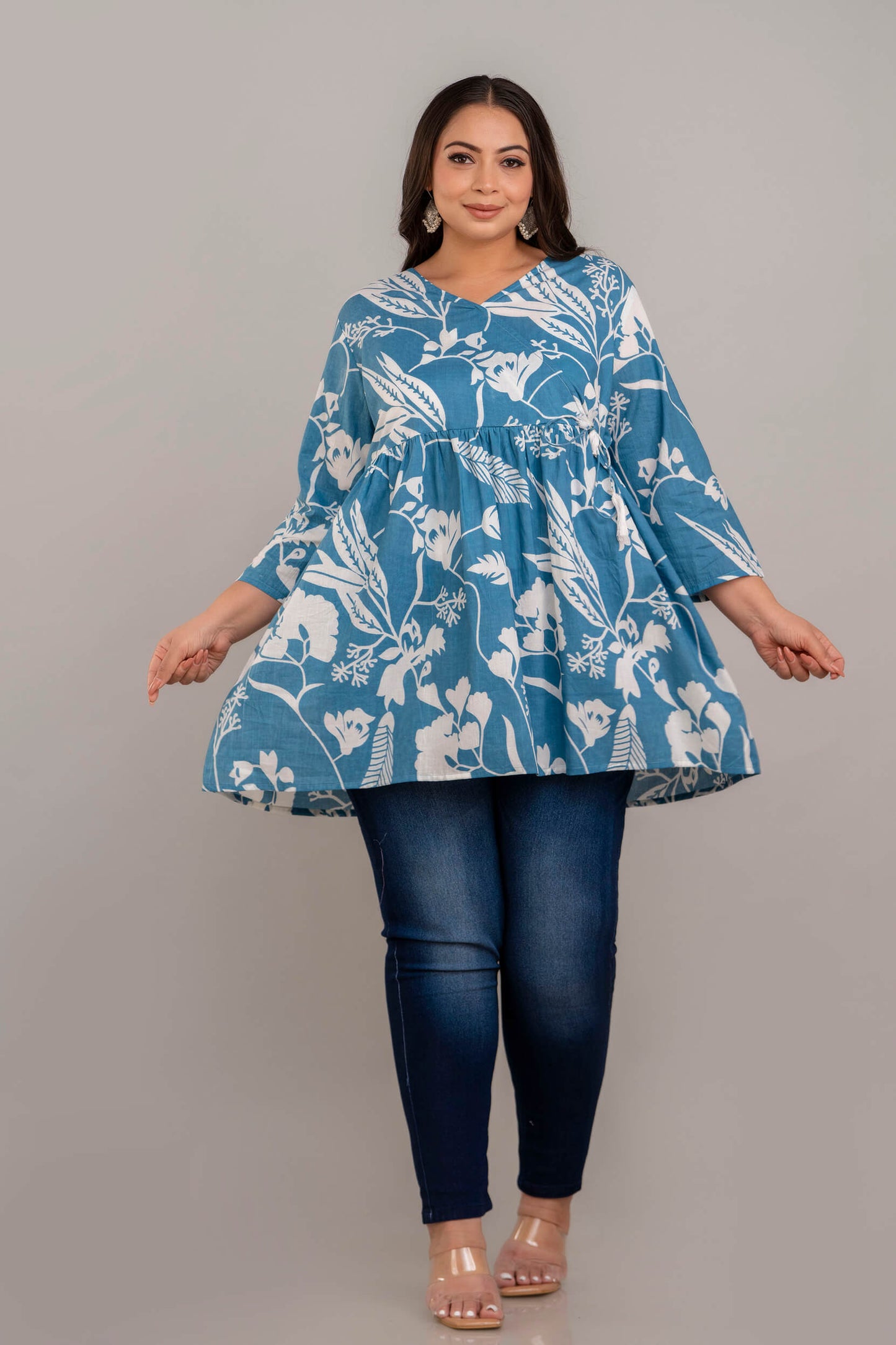 Full Body View of Plus Size Teal White Floral Rayon Short Kurti Tunic for Curvy and Full-Figure Women – Curvisha