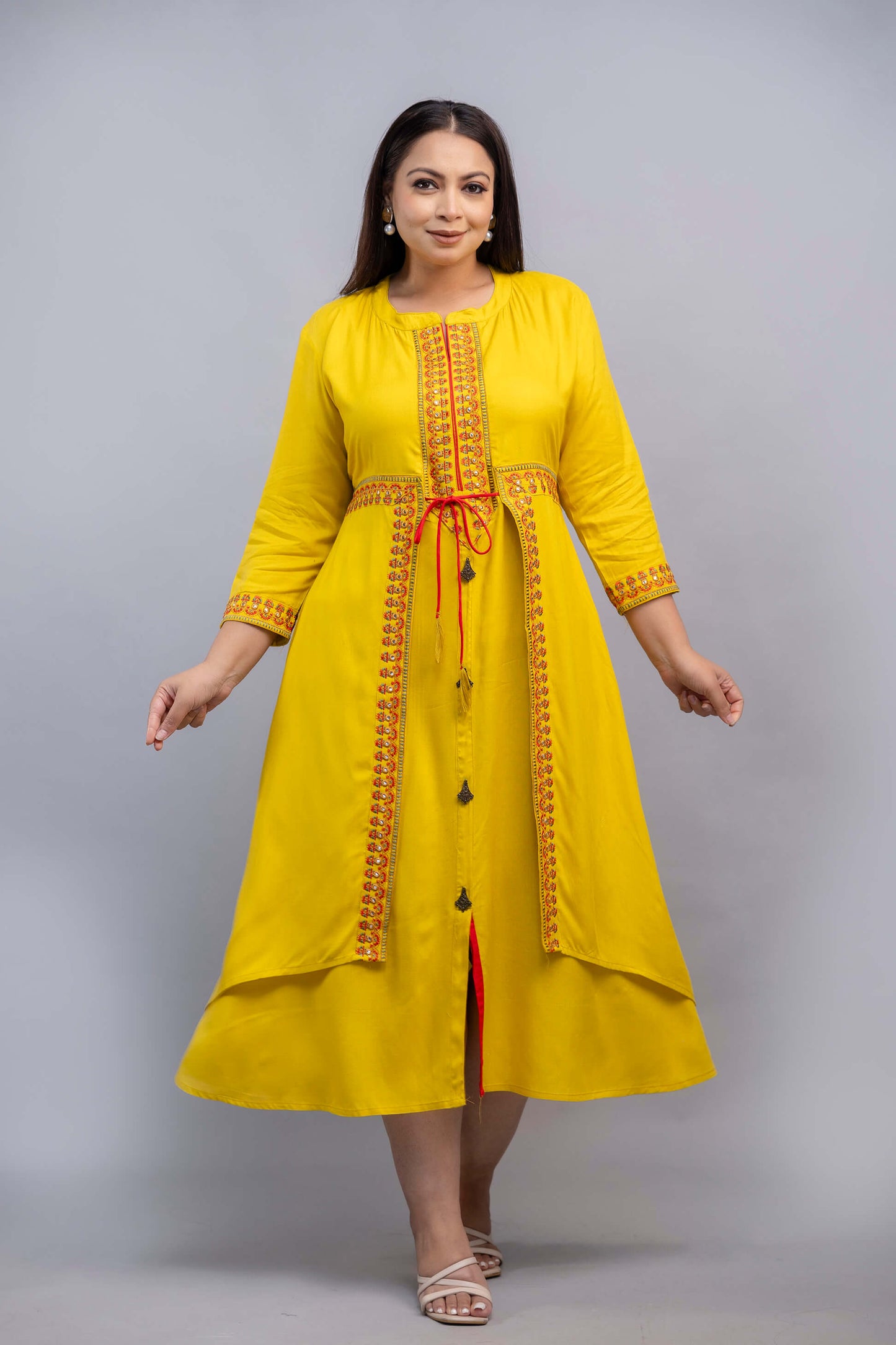 Front view layered yellow embroidered rayon gown 3XL to 8XL