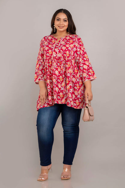 Curvy Women Red Floral Rayon Short Kurti Tunic – Plus Size Clothing for Full Figure Style by Curvisha