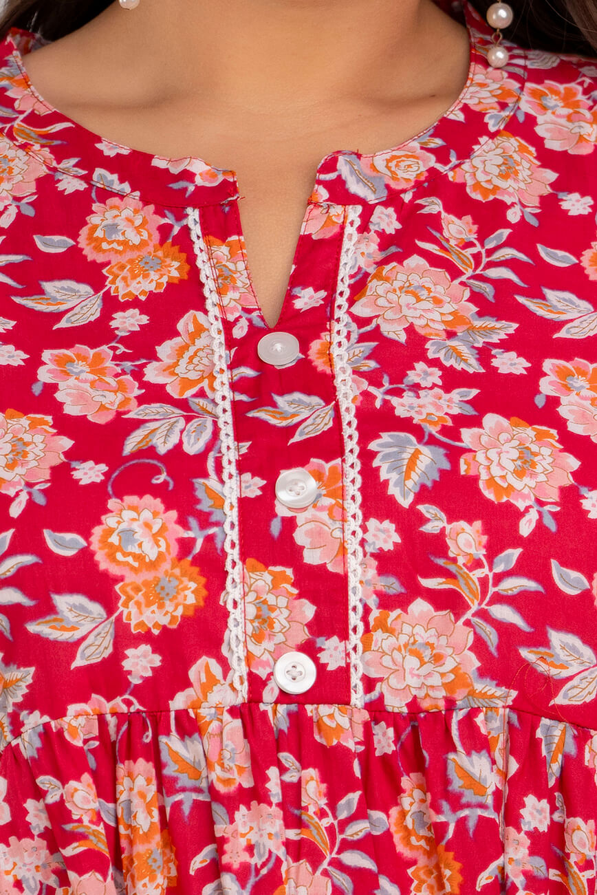 Rayon Fabric Closeup of Red Floral Plus Size Tunic – Curvy Women Big Size Kurti by Curvisha
