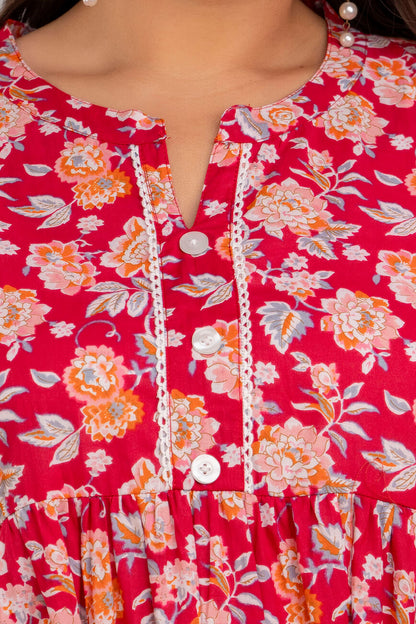 Rayon Fabric Closeup of Red Floral Plus Size Tunic – Curvy Women Big Size Kurti by Curvisha