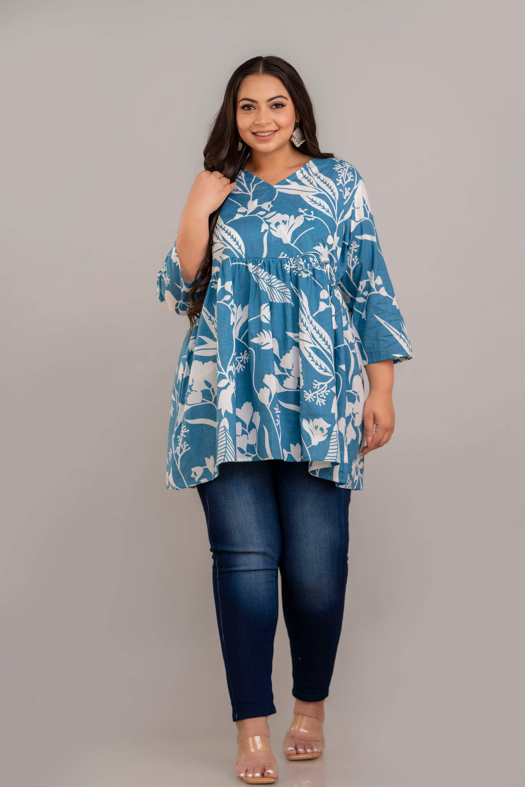 Flowy Silhouette of Plus Size Teal Floral Rayon Short Kurti Tunic – Comfortable Big Size Clothing by Curvisha