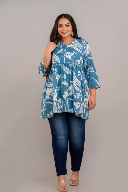 Flowy Silhouette of Plus Size Teal Floral Rayon Short Kurti Tunic – Comfortable Big Size Clothing by Curvisha
