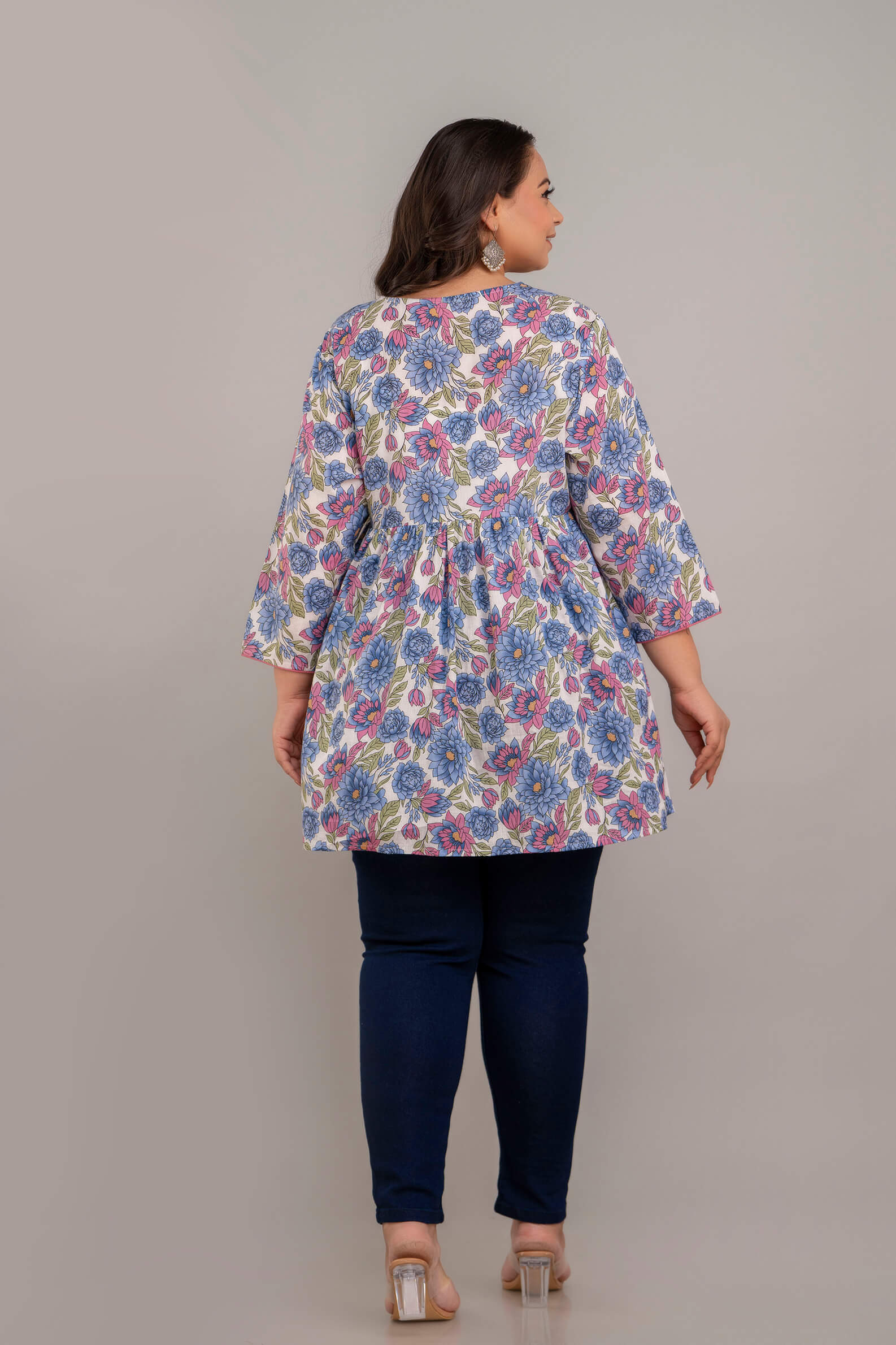 Plus Size White Floral Rayon Short Kurti Tunic for Curvy and Fat Women – Back View
