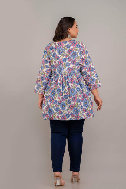 Plus Size White Floral Rayon Short Kurti Tunic for Curvy and Fat Women – Back View