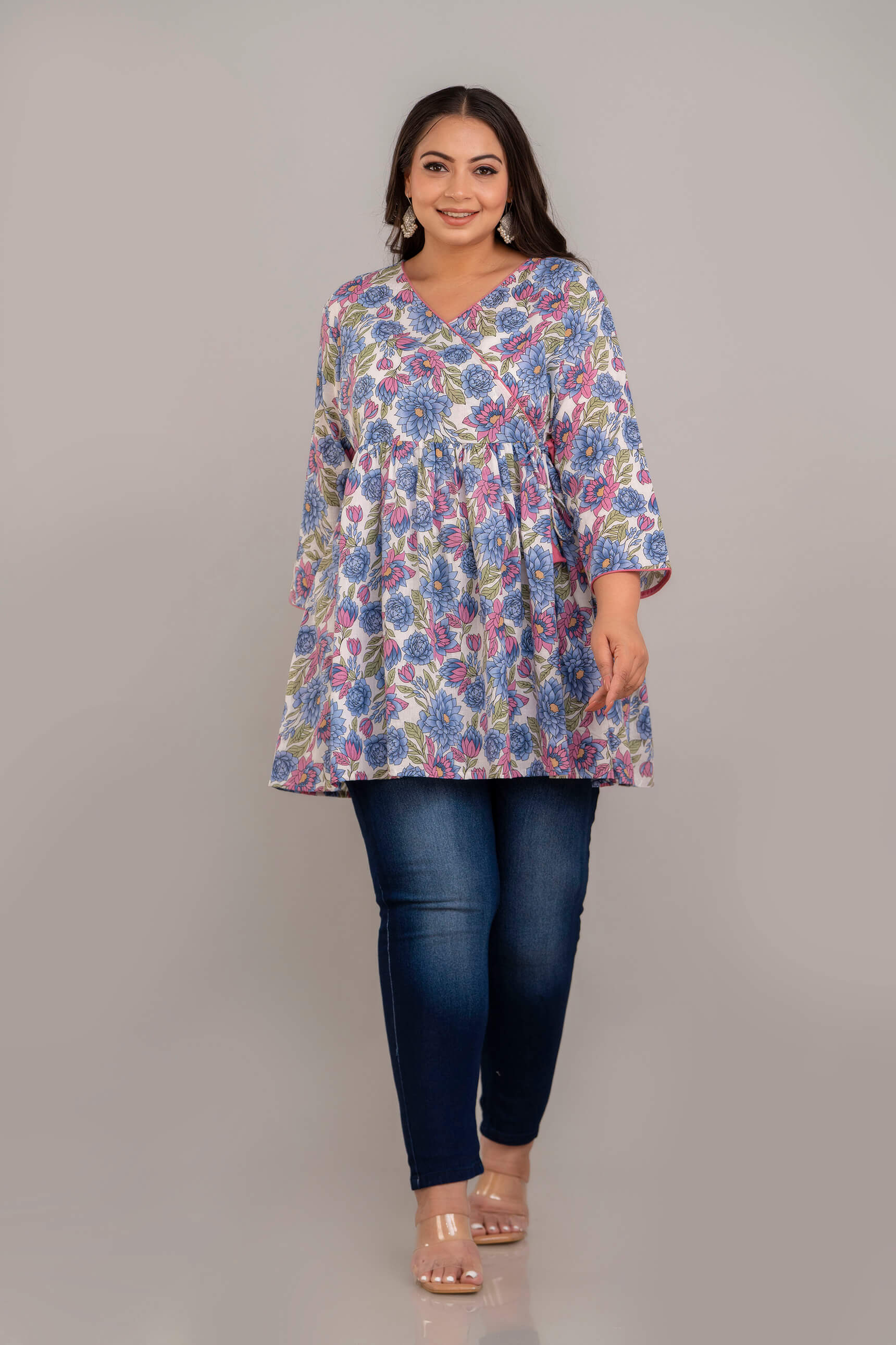 Curvy Women White Floral Rayon Short Kurti Tunic – Soft Rayon Big Size Outfit 3XL–8XL