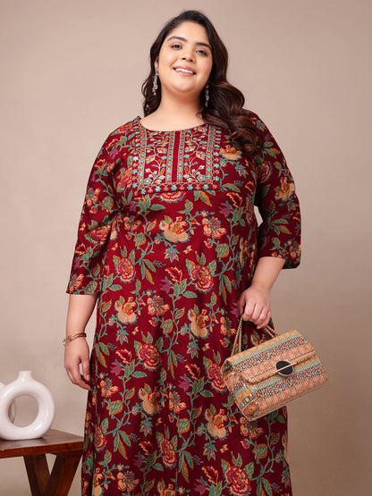 Maroon embroidered rayon gown dress for curvy women 3XL to 9XL