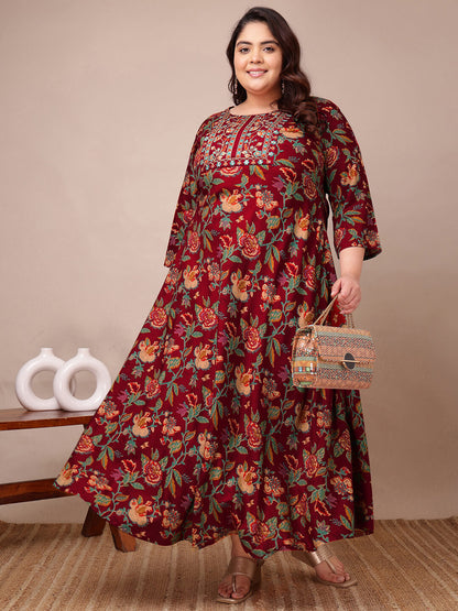 Plus size maroon floral embroidered rayon gown dress front twirl view