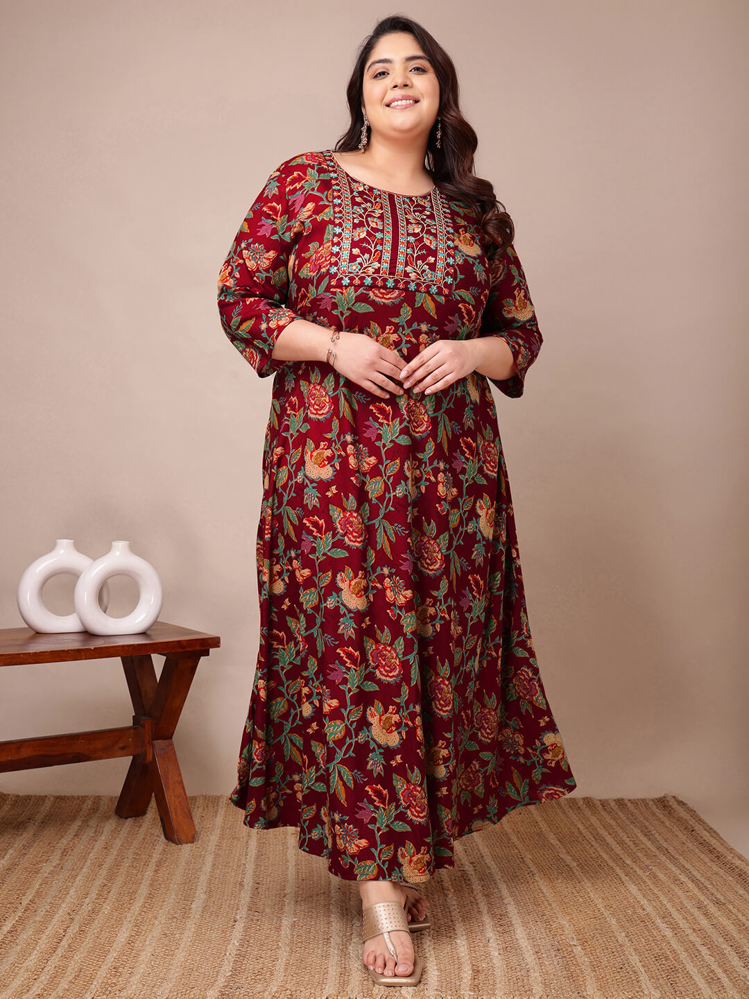 Rich maroon floral embroidered gown dress soft rayon big size clothing