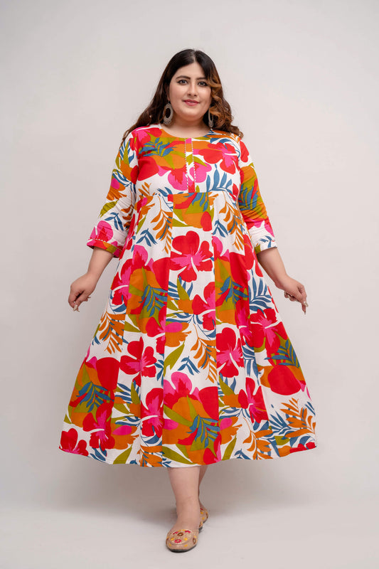 Flowy gathered flare of multicolor rayon gown, big size outfit for curvy women in 3XL to 10XL comfortable summer style