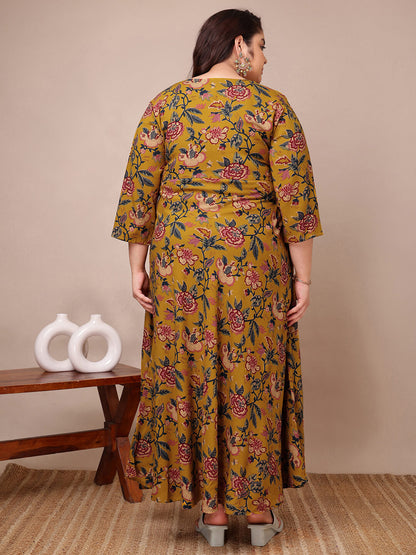 Back view of mustard floral rayon gown for plus size women