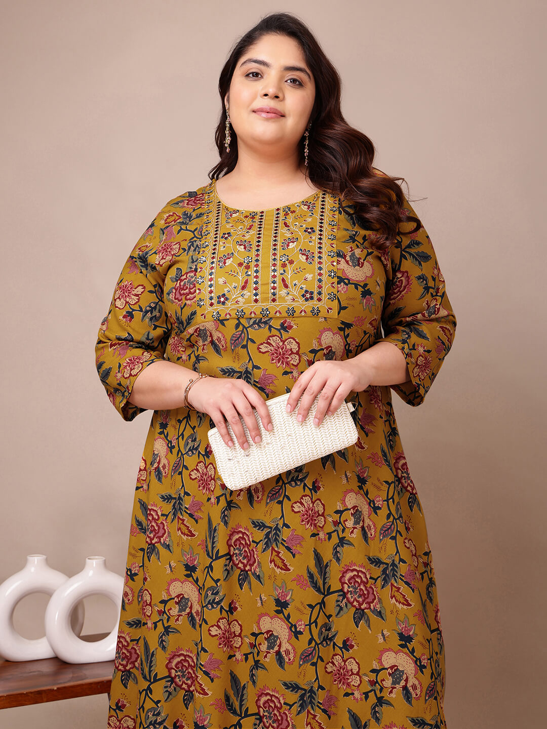Embroidered yoke detail on mustard rayon gown for big size curvy women