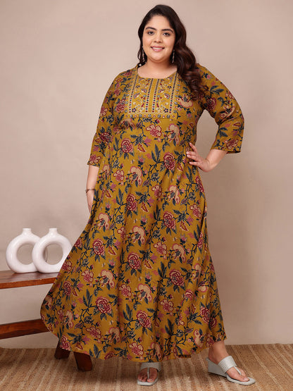 Pose model view of mustard embroidered rayon gown for fat women 3XL to 9XL