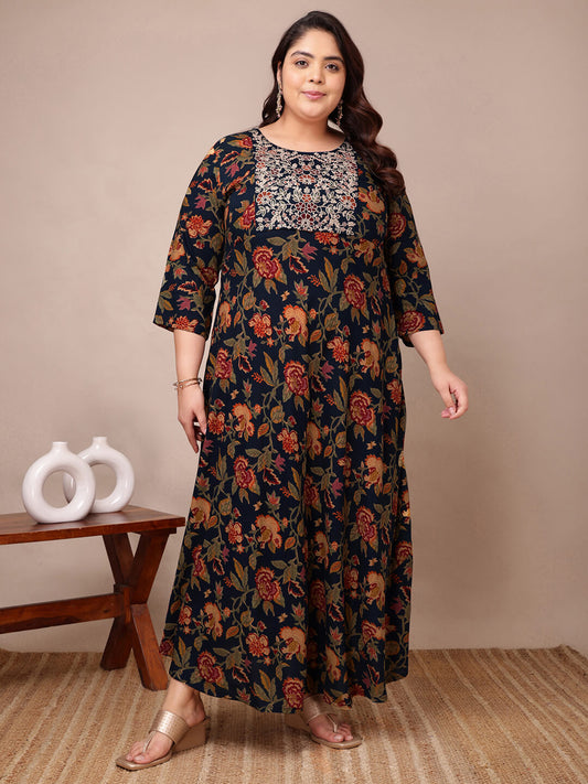 Navy floral rayon gown with elegant embroidered yoke for full figure women
