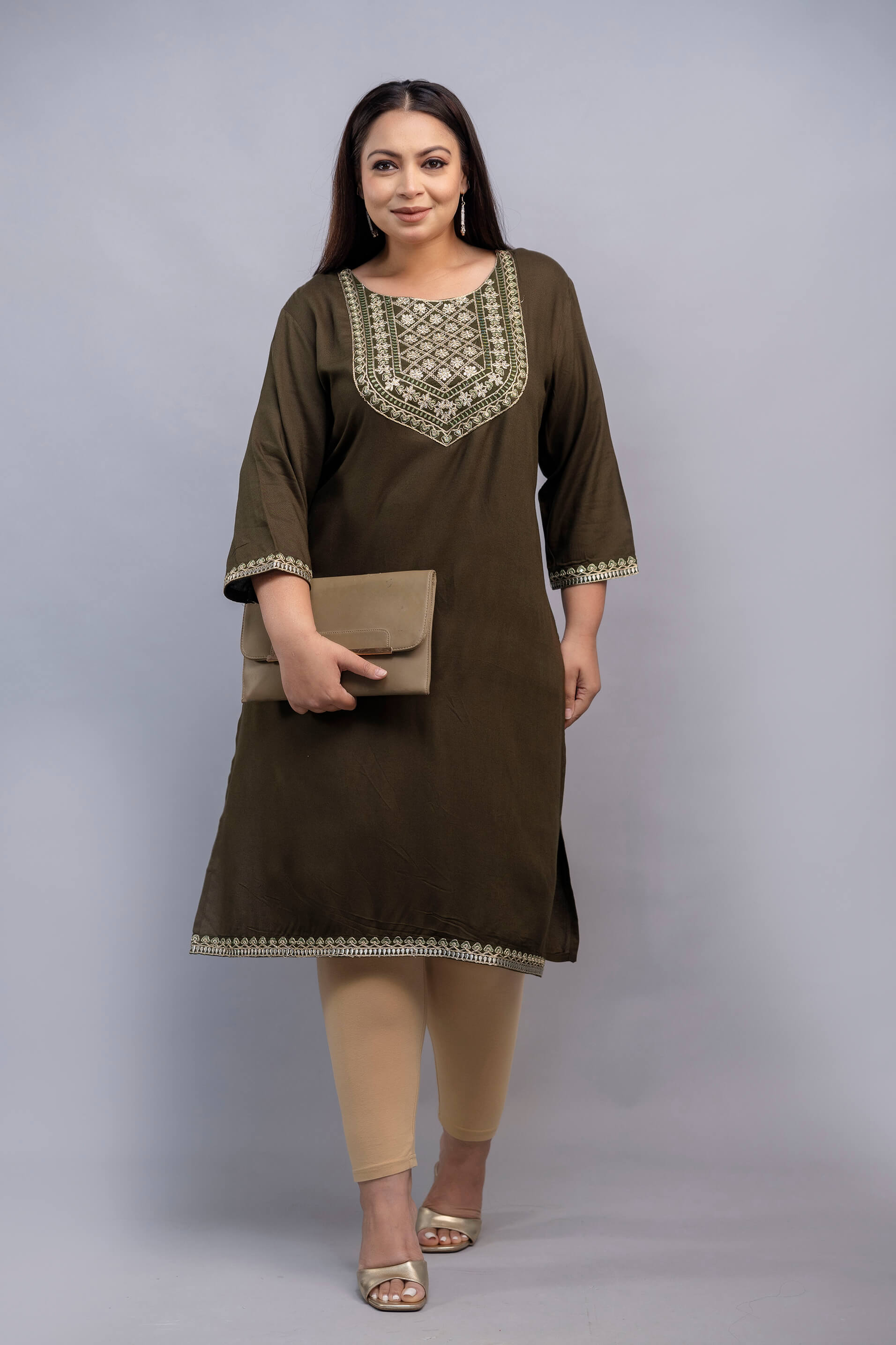 Olive rayon embroidered kurti styled with clutch; elegant plus size big size kurti for fat women by Curvisha