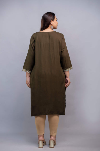 Back view of olive green rayon kurti; breathable plus size big size outfit for curvy/fat women 3XL–10XL