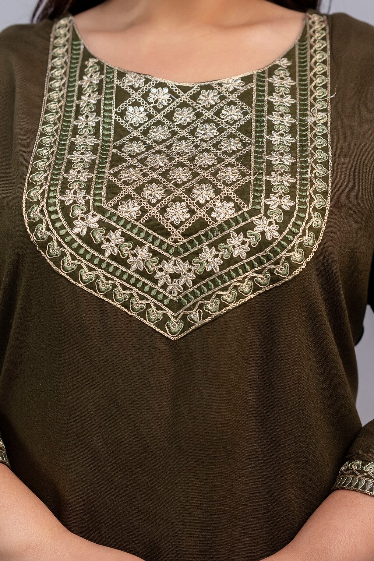 Close-up of ornate yoke on olive rayon kurti; festive plus size detail for big size/fat women clothing