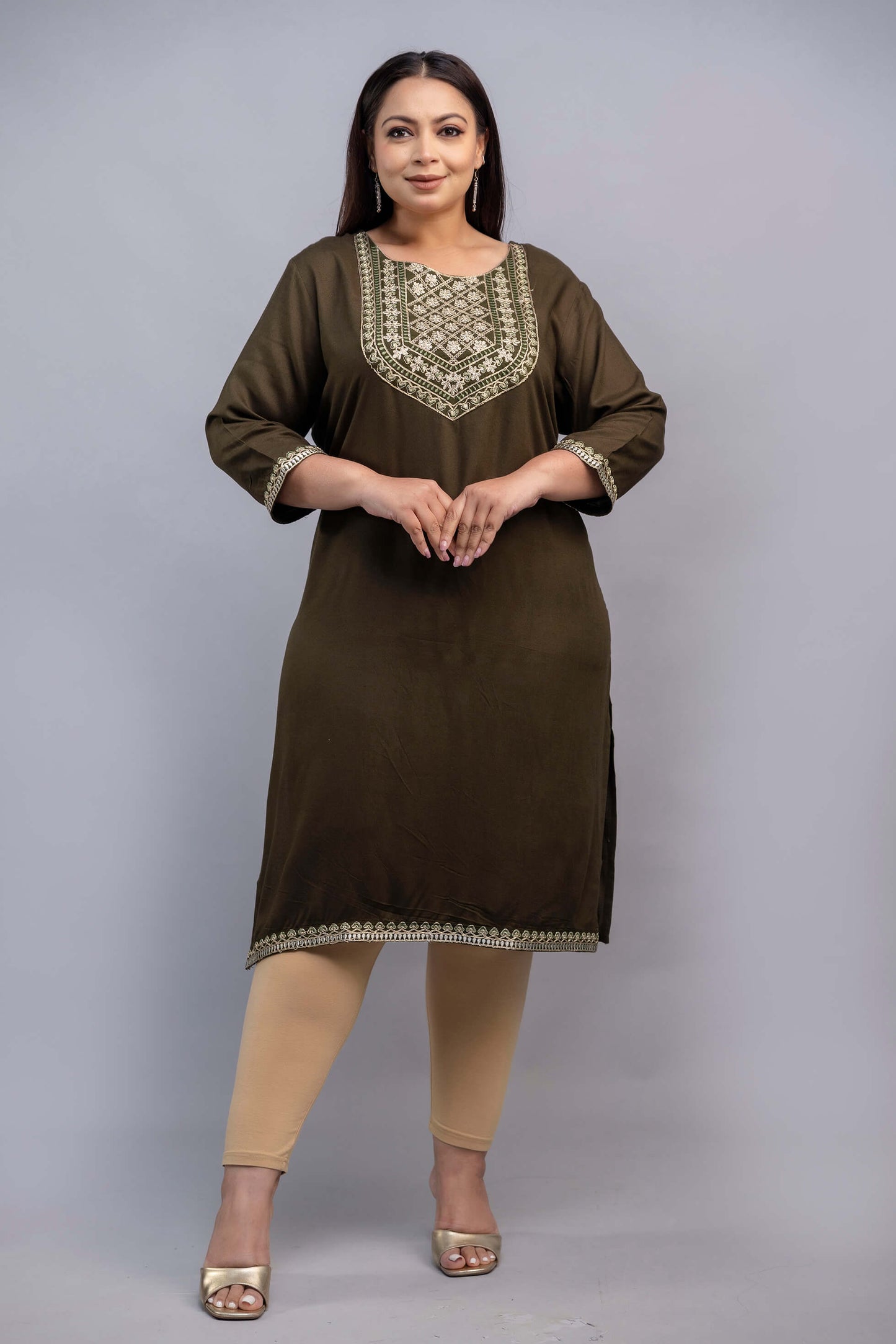 Olive green rayon embroidered kurti front view for curvy women; big size 3XL–10XL fat-friendly clothing by Curvisha