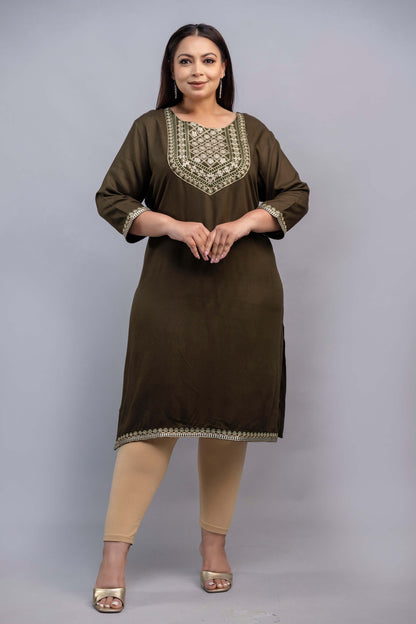 Olive green rayon embroidered kurti front view for curvy women; big size 3XL–10XL fat-friendly clothing by Curvisha