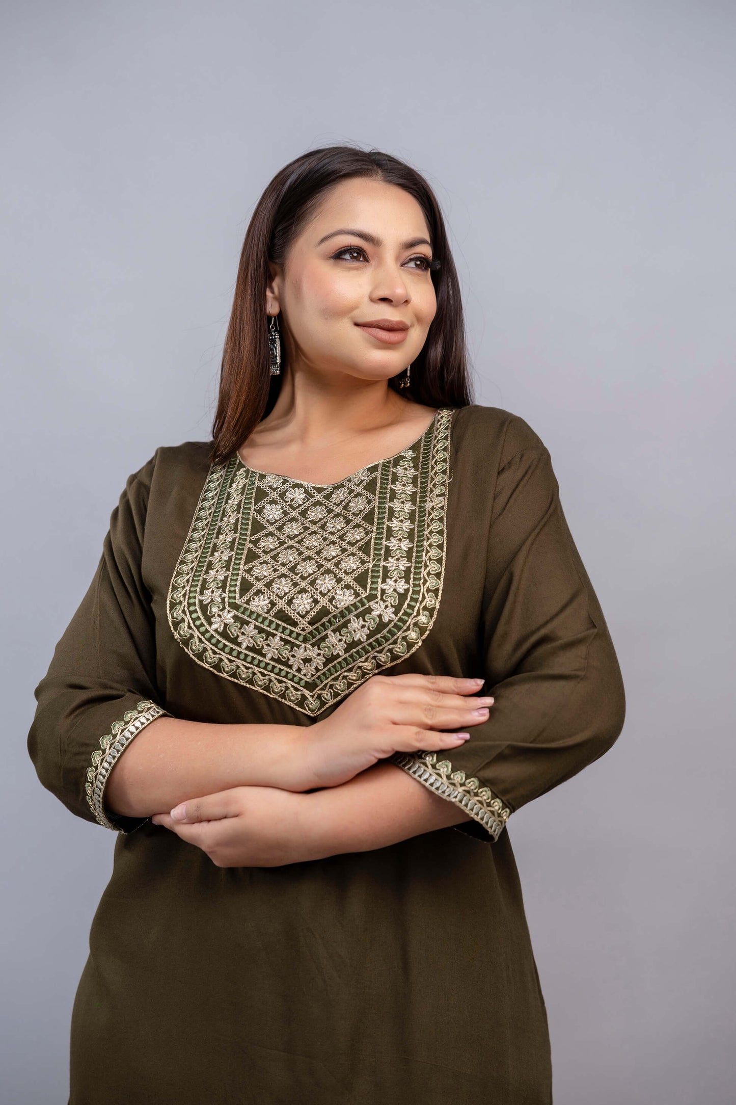 Half-length view showing neckline and sleeve embroidery; plus size kurti flattering big size, fat-friendly