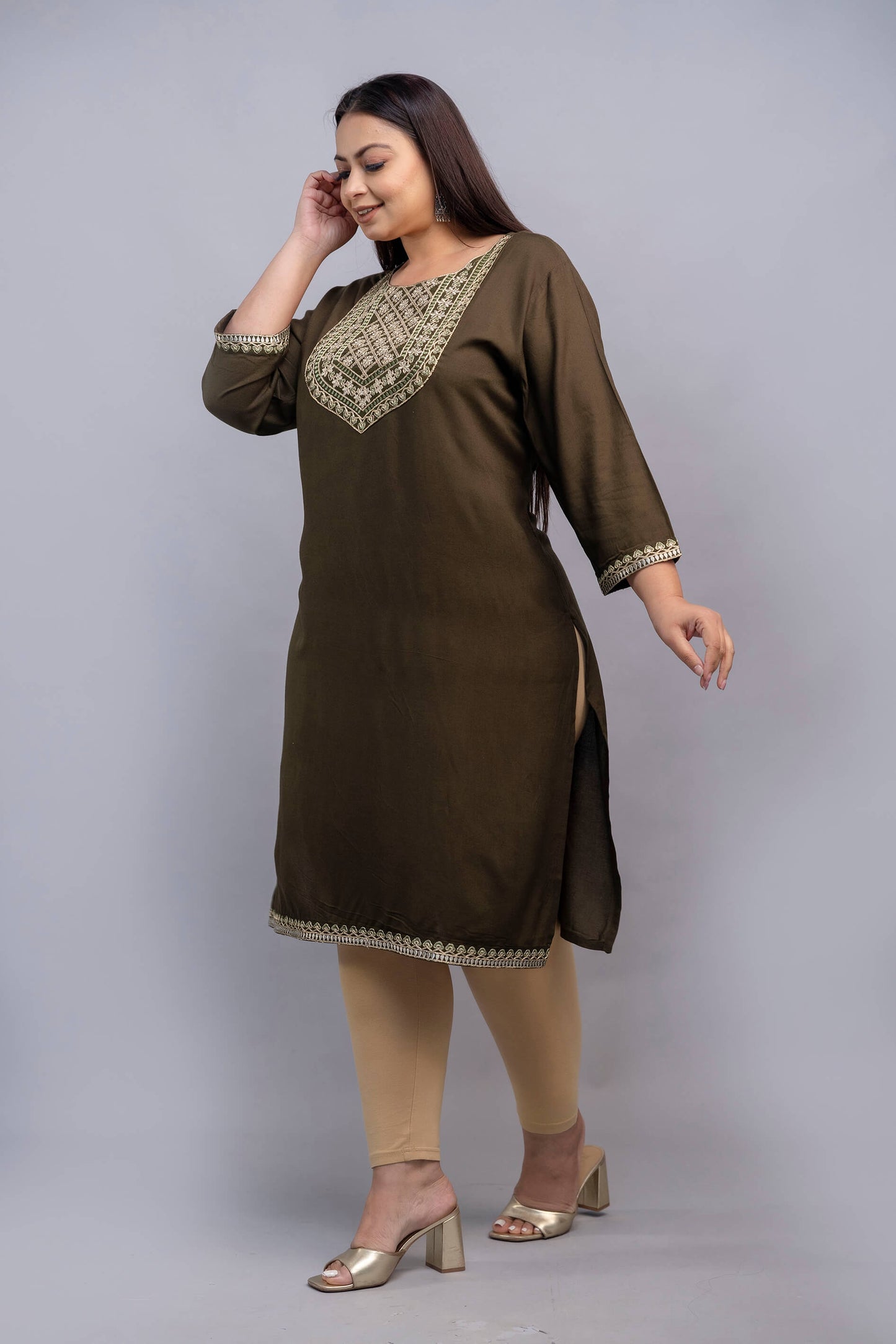Side view of olive green rayon kurti with yoke embroidery; plus size big size fit, comfy for fat body shapes