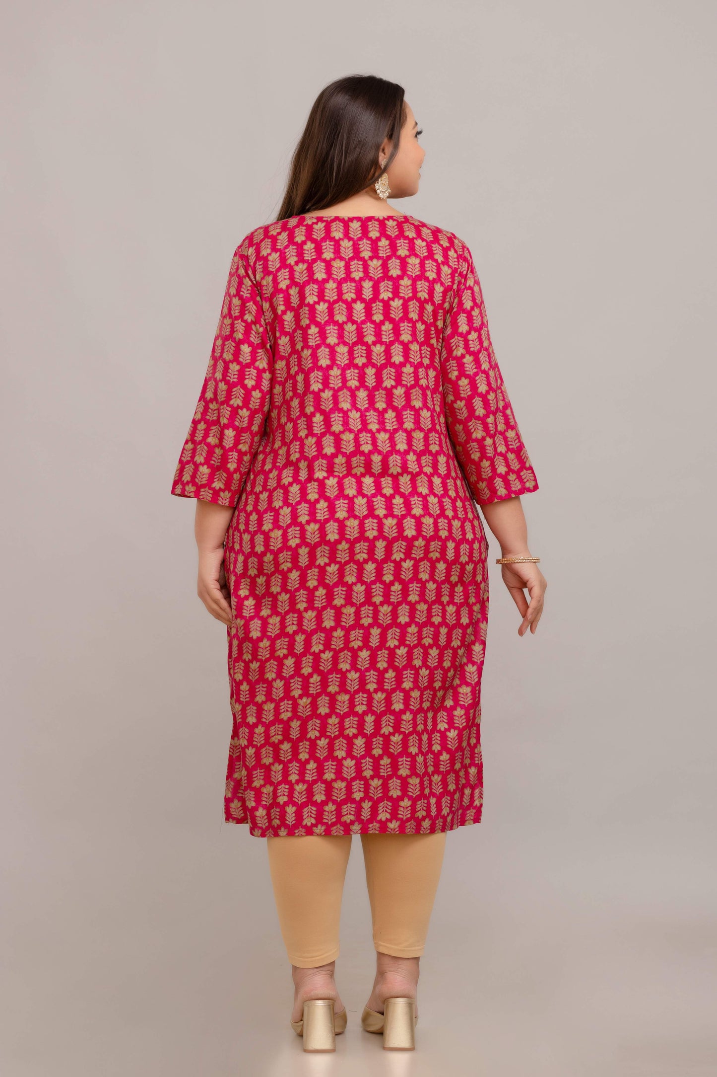 Back view pink gold-print rayon kurti; breathable plus size outfit for full figure 3XL–9XL