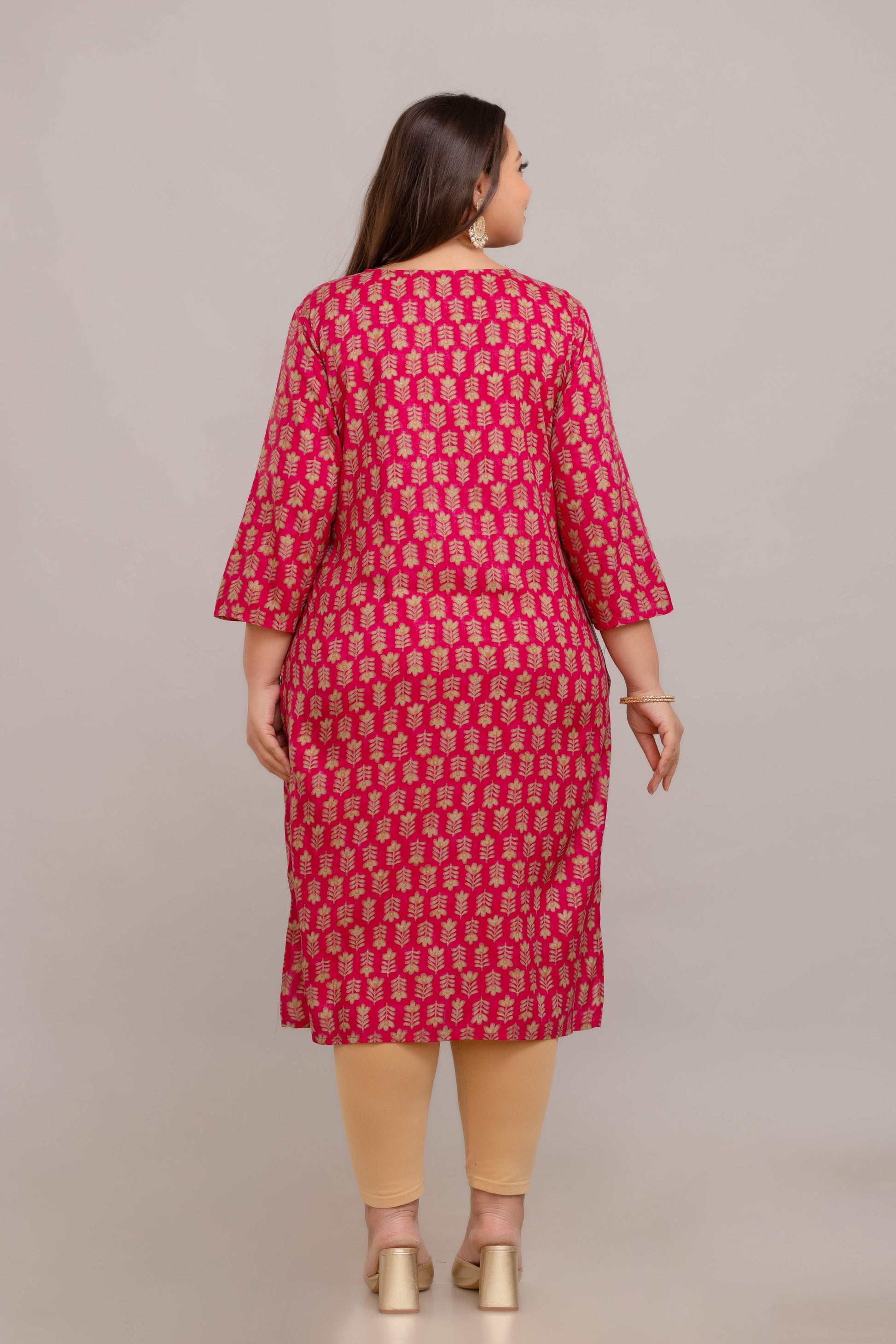 Back view pink gold-print rayon kurti; breathable plus size outfit for full figure 3XL–9XL