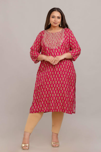 Front view pink rayon printed kurti with sequin yoke; comfy plus size big size 3XL–9XL, fat-friendly Curvisha