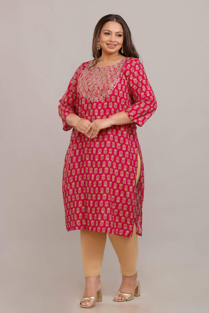Side view showing side slit and relaxed fit; pink rayon big size kurti for curvy/fat women