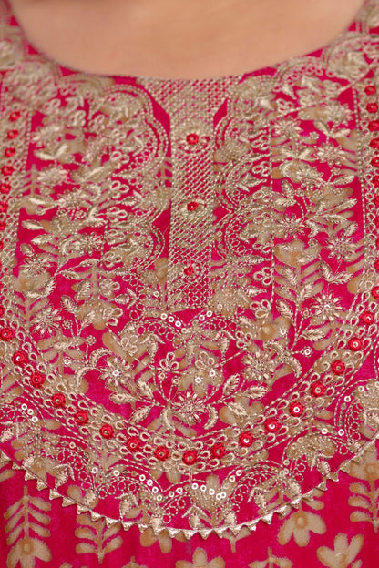 Close-up of ornate sequin yoke on pink rayon kurti; festive detail for plus size fat women clothing