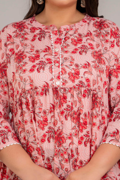 Button and Lace Detail of Pink and Red Rayon Floral Short Kurti Tunic – Fat Women Big Size Clothing