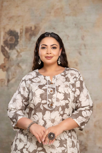 Plus size beige cotton kurti for curvy women, breathable fabric everyday big size clothing