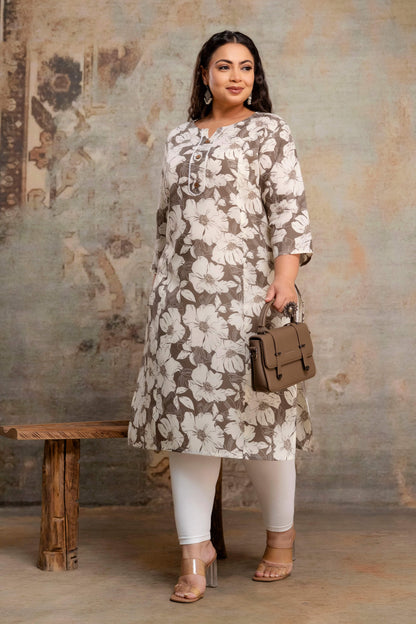 Plus size beige cotton kurti styled with leggings, fat size kurti daily wear