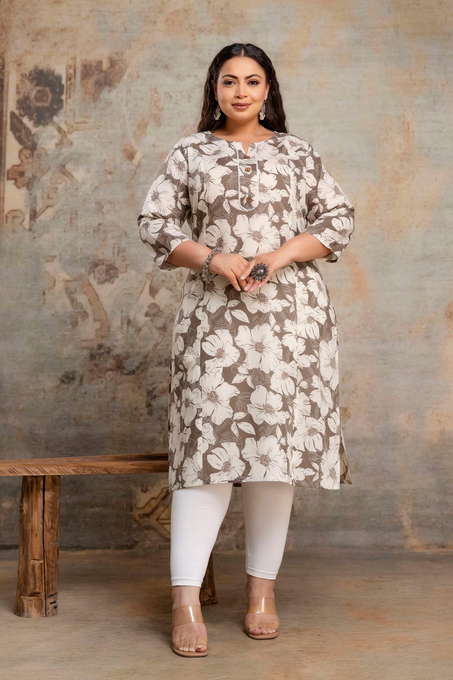 Plus size floral printed cotton kurti full length view for fat women clothing