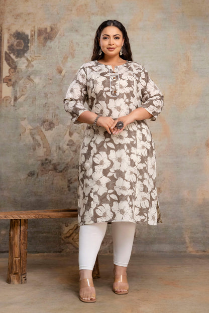 Plus size floral printed cotton kurti full length view for fat women clothing