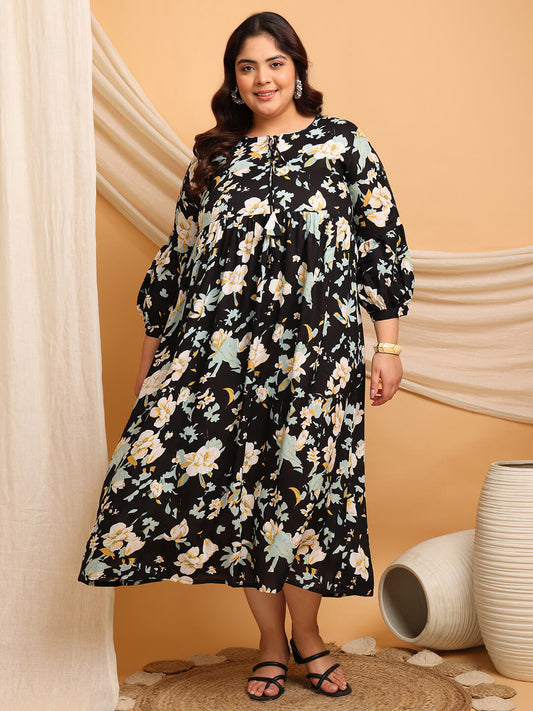 Plus size black floral rayon gathered gown for fat women, soft big size clothing for curvy bodies 3XL to 10XL