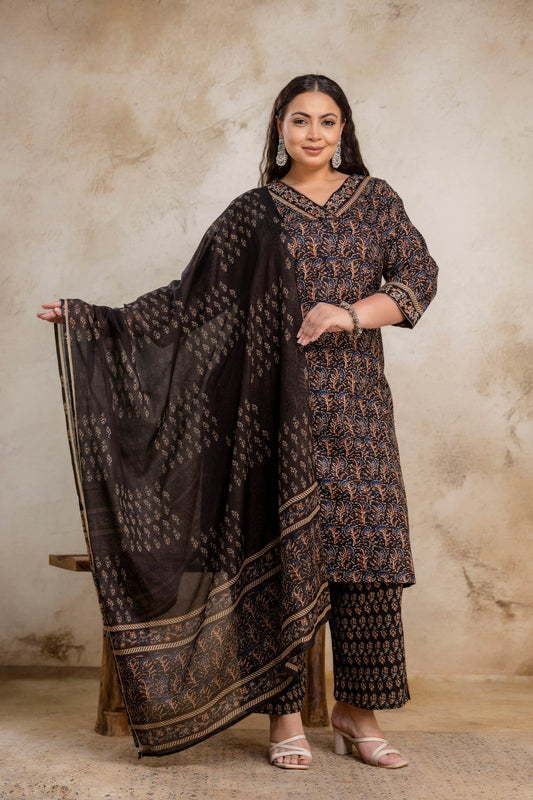 Plus size black cotton kurti pant dupatta set for women, complete 3 piece ethnic outfit