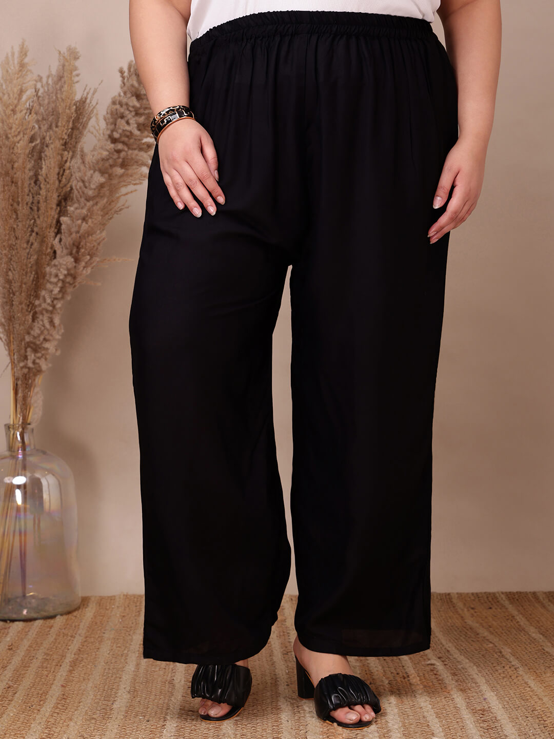Plus size black rayon palazzo pants for curvy women, lightweight flowy fabric – Curvisha 3XL–9XL