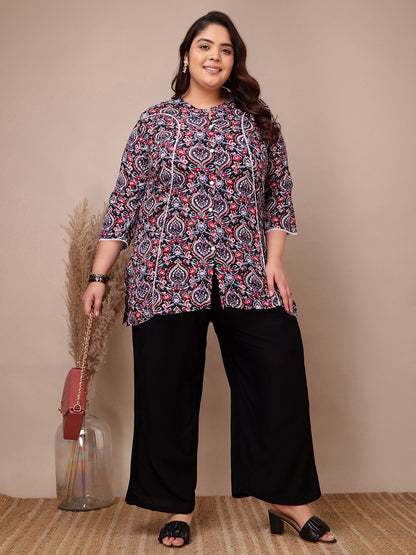 Plus size black rayon palazzo styled with printed kurti for curvy women – Curvisha