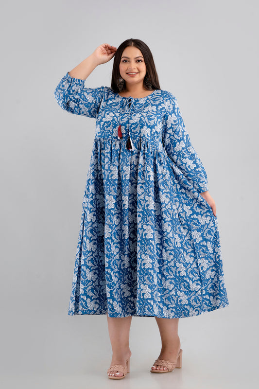 Plus Size Blue Floral Rayon Flared Dress Front View 3XL–10XL Curvisha