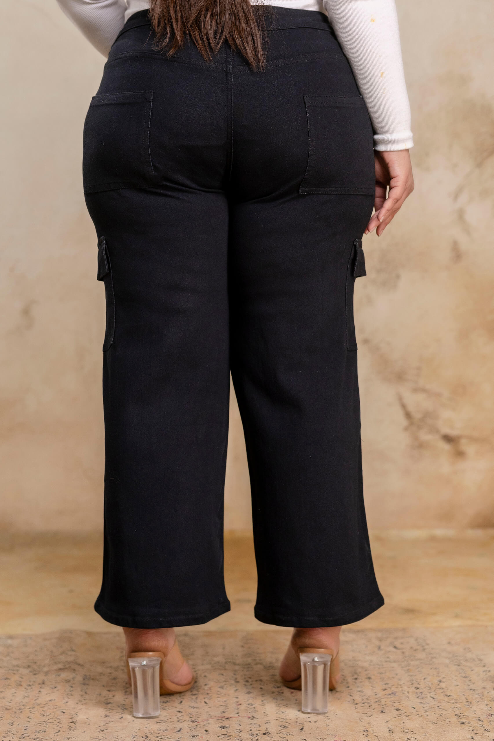 Plus size buttoned black denim pants back view for fat women, wide leg big size clothing