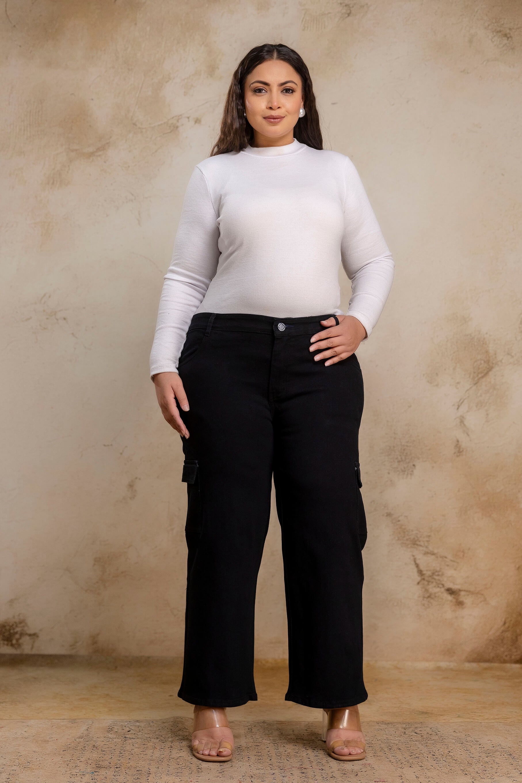 Plus size buttoned black denim pants front close view for fat women, stretch big size clothing