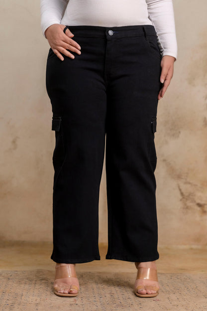 Plus size buttoned black denim pants for fat women, soft stretch big size clothing front view