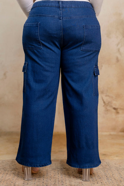 Plus size buttoned dark blue denim pants back view for fat women, wide leg big size clothing