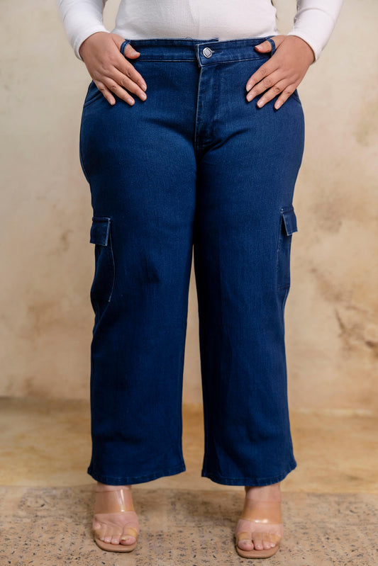 Plus size buttoned dark blue denim pants close front view for fat women, stretch big size clothing