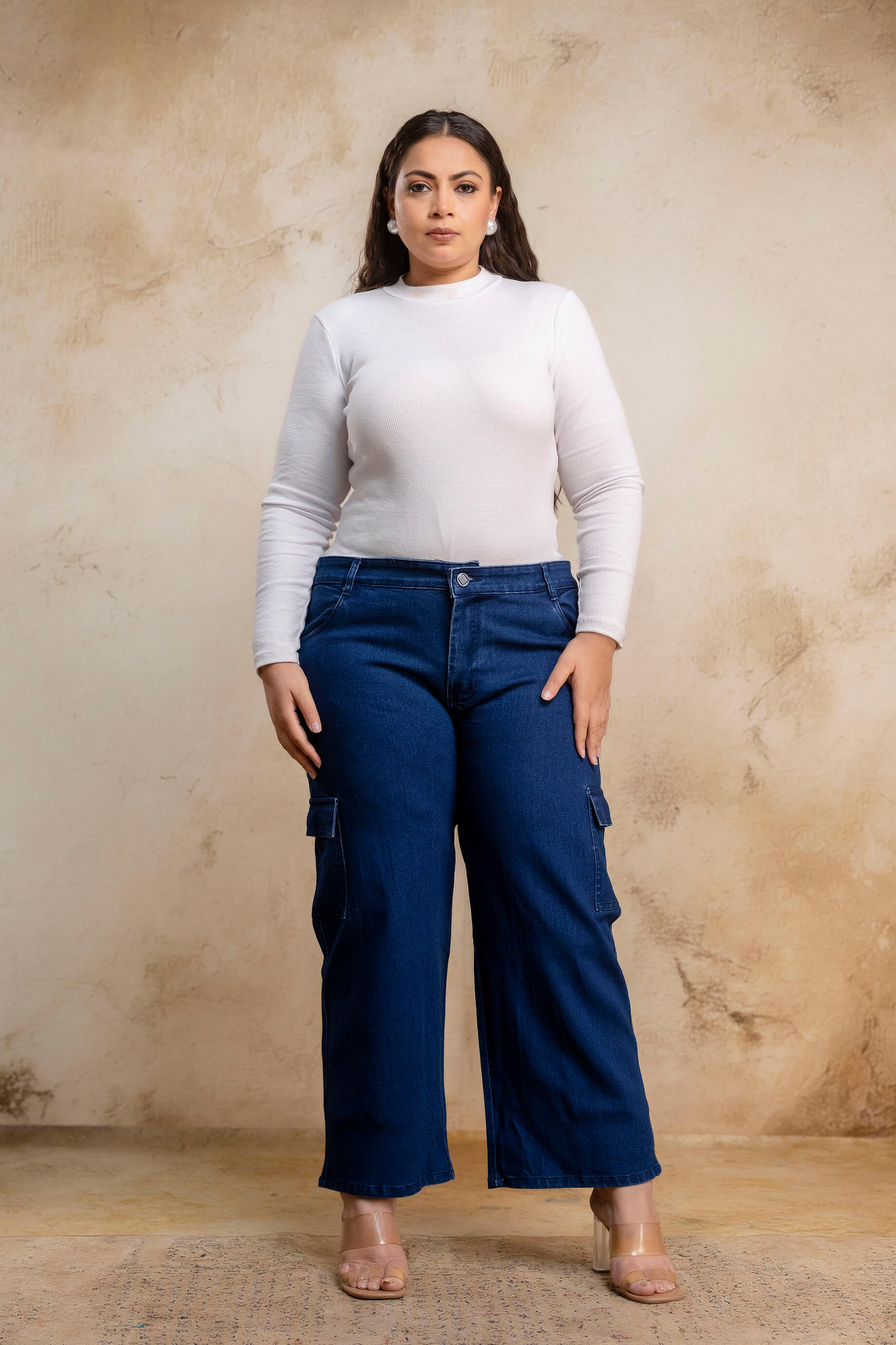 Plus size buttoned dark blue denim pants for fat women, soft stretch big size clothing front view