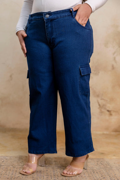 Plus size buttoned dark blue denim pants side view for fat women, wide leg big size clothing